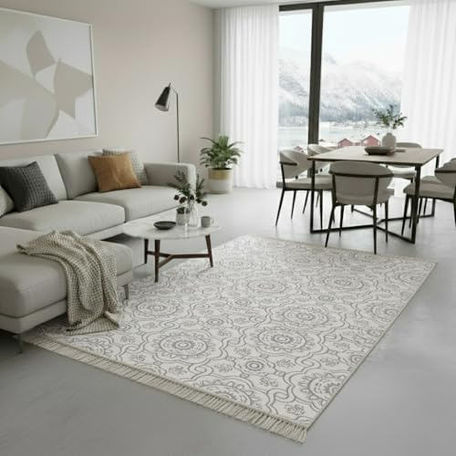 Jimri - Tappeto passatoia Tepiche per soggiorno, camera da letto, cucina, bagno, tappeto Boho Kelim, Passatoia tappeto - grigio chiaro color crema, 120 x 170 cm.
