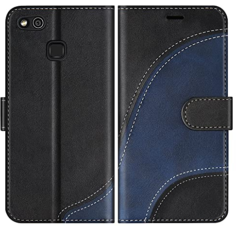 BoxTii Hülle für Huawei P10 Lite, Leder Handyhülle für Huawei P10 Lite, Ledertasche Klapphülle Schutzhülle mit Kartenfächer und Magnetverschluss, Schwarz