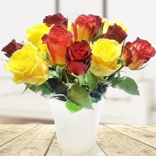 Blumen Geschenkset - Rosentraum mit 15 Rosen inklusive Keramikvase und gratis Grußkarte # Rot # Gelb # Gelb-rot