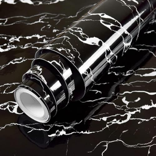 Hode Klebefolie Möbel Selbstklebende PVC Dekofolie Möbelfolie Küchenfolie Selbstklebende Wasserdicht (Schwarz Weißer Glänzend Marmor 40cmX3m) für Möbel Wände Schrank Tisch Schreibtisch Tür