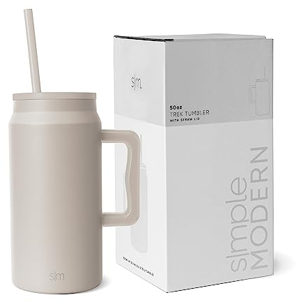 Simple Modern Tazza Termica con Cannuccia e Manico | Bicchiere Termico Grande in Acciaio Inossidabile Isolato | Regali per Donne & Uomini | Trek | 1480ml | Almond Birch