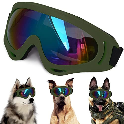 Große Hunde-Sonnenbrille mit verstellbarem Riemen, UV-Schutz, winddicht, geeignet für mittelgroße und große Hunde, Augenschutz, weiche Hundebrille (armeegrüner Rahmen)