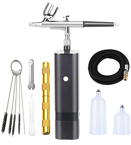 QJJML Kit Aérographe sans Fil avec Compresseur, Mini Pistolet À Air Comprimé 32psi, pour Peinture, Tatouage, Nail Art, Mode, Maquillage, Gâteau, Barbier,Black