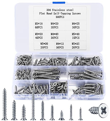300 Pièces Vis Autotaraudeuses à Tête Plate, Vis Autoperceuses à Tête Cruciforme, M3 M4 M5 Vis à Bois en Acier Inoxydable, Vis à Métaux à Tête Fraisée pour Meubles à Cloison Sèche