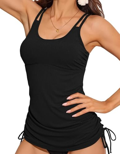 Charmo Womens Tankini Top with Built in Bra Swimming Costume Black-a L