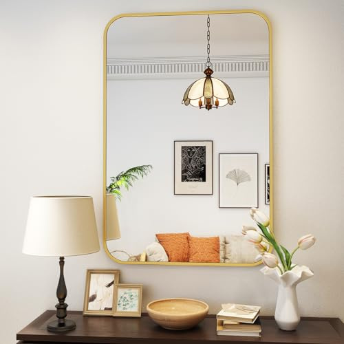 Koonmi Espejo de Pared Dorado, 61 x 91 cm, Espejo de baño con Esquina Redonda, Espejo de Pared con Marco de aleación de Aluminio, para Montaje en Pared Horizontal o verti
