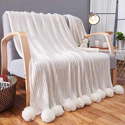 Generisch Gestrickte Decke mit Bommeln, warme weiche Kuscheldecke aus 100% Baumwolle, Schlafdecke für Bett, Sofa, Couch, Weiß, 150 x 200 cm