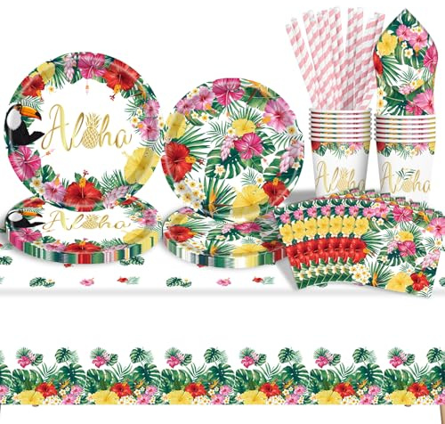 Tropical Luau Party Supplies Hawaiian Flamingo Party Tablewares Set, Hawaiian Paper Plates Napkins Cups and Tablecloth for Hawaiian Beach Birthday Party Dinnerware Decorations-16 Guest