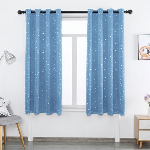 Bishilin Verdunklungsvorhänge mit Ösen, Vorhänge Blickdicht 2 Set Blau mit Sternen Muster Gardinen Verdunkelnd Wohnzimmer Jugendzimmer Schlafzimmer 132x160CM