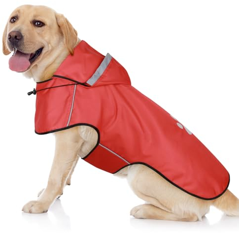 BiPawTi Hunde Regenmantel Große Hunde – Wasserdichter Hundemantel, Verstellbarer Regenjacke mit Reflektierenden Kapuze, Ultraleicht Bequem Hunderegenmantel für Trockene, Sichere Gassigänge (XL | Rot)