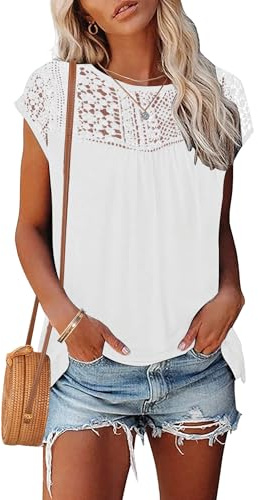 WNEEDU Womens Summer T Shirts Lace Tops Cap Short Sleeve Tshirt Crew Neck Casual Blouses Elegant White L