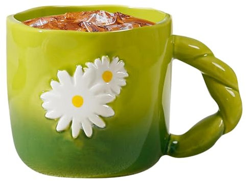 Taza de café con flores - Tazas de café de cerámica con margaritas de 400 ml, tazas con asa para té, café, leche, tazas de cerveza creativas para mujeres y hombres