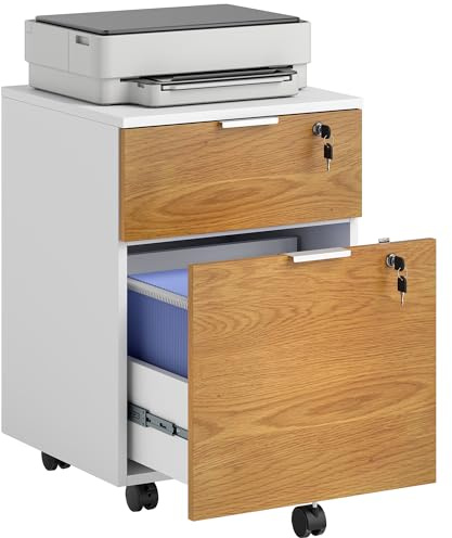 HOMCOM Mobile File Cabinet Wheels 2 Drawer White and Natural Wood Effect | Lock, Under Desk Office Cabinet, Adjustable A4 and Letter Hanging Bars, Home Use