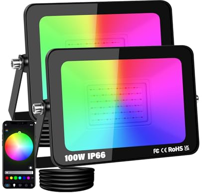 PICAA 2 pcs Projecteur LED Extérieur Sans fil RGB 100W 10000LM, Multicolore | 16M couleurs, Contrôle App, Musique, Modes, IP66 étanche - Pour jardin, terrasse, disco, soirées, scène, Déco - Prise UE