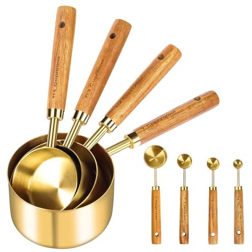 Measuring Cups and Spoons Set, 8 Pack Gold Measuring Spoons with Acacia Wood Handle Stainless Steel Dry & Liquid Measuring Cups for Baking Cooking (Yellow)