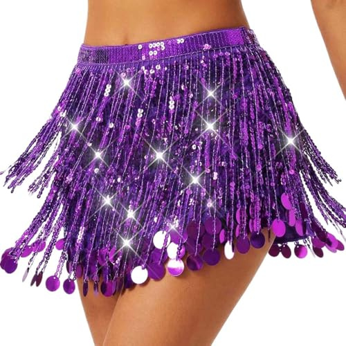 Reaky Red Sequin Skirt Fringe Belly Dance Skirts Mermaid Costume for Women (UK, Alpha, One Size, Regular, Regular, Purple)