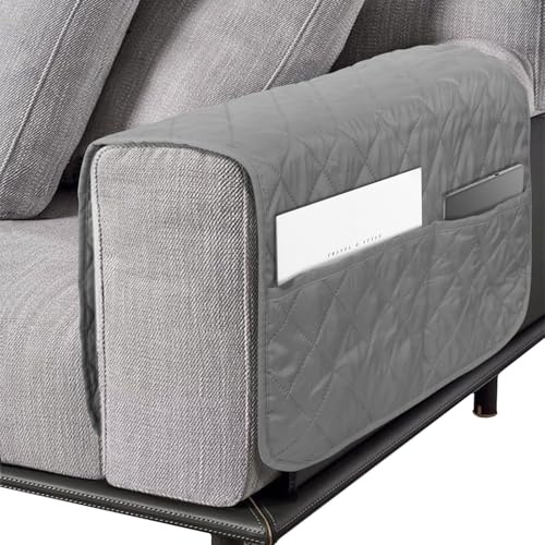 Srvillg Armrest Chair Cover, 1pc Black Sofa Armrest Covers, Waterproof Armchair Covers with Pockets for Arms Recliner Chairs Sofas (Grey)