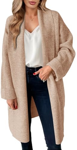 Saodimallsu Cardigan da Donna, Lungo, Leggero, Oversize, Aperto, Casual, Tinta Unita, per Autunno e Inverno, Cammello, M