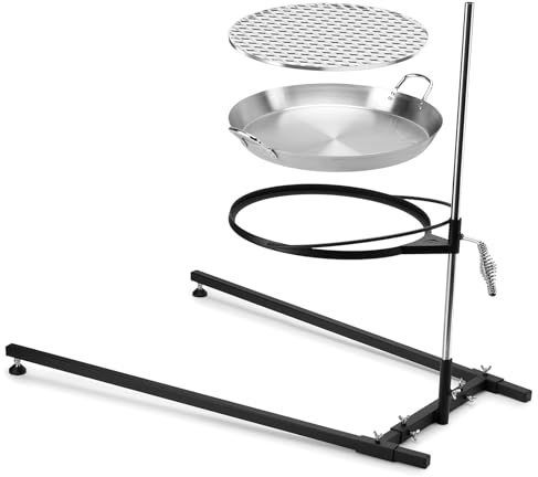 Onlyfire Schwenkgrill Set mit Edelstahl Pfanne & Grillrost | Höhenverstellbarer Grillgalgen für Feuerschale & Lagerfeuer, Grillgestell Outdoor