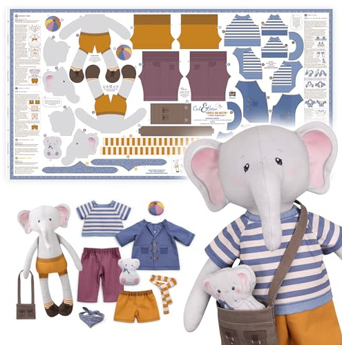 kullaloo Cut & Sew Stoff Paneel auf Baumwolle – Anziehpuppe mit Kleidung selber nähen, inkl. Elefant, Hosen, Shirt und mehr – Öko-Tex 100 zertifiziert – Dress Me Besties EDDY ELEFANT