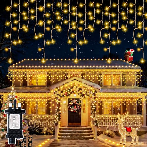 Buudala Icicle Outdoor Christmas Lights, 400 LED 12.8m Waterproof Fairy String Lights, 8 Modes with Memory, 6-Hour Timer, Mains Powered Indoor & Outdoor for Window, Roof, Garden, Wall (Warm White)