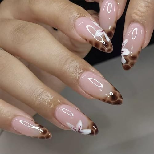 Auriselle 24 pezzi 12 misure Set di unghie finte French con motivo leopardato e floreale Unghie a mandorla finte da incollare artificiali da incollare Feste Vita quotidiana Donne, marroni