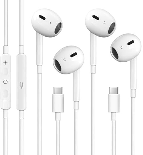 2 Packs USB C Headphones for iPhone 17/16/15, Noise Reduction Built-in Mic & Volume Control Headsets, Type C Earphones for Galaxy S24/S23/S22/S21/S20/Ultra Note 10/20, for Pixel 8/7/6/6a/5/4, White