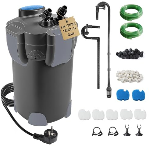 EXLECO Filtro Externo Acuario 1400L/H 35W Filtro Pecera Flujo Ajustable con Material Filtrante y Manguera Acuario Tubo, Bomba de Filtro Aquário Potente Profesional para Pecera de Menos de 300L Negro