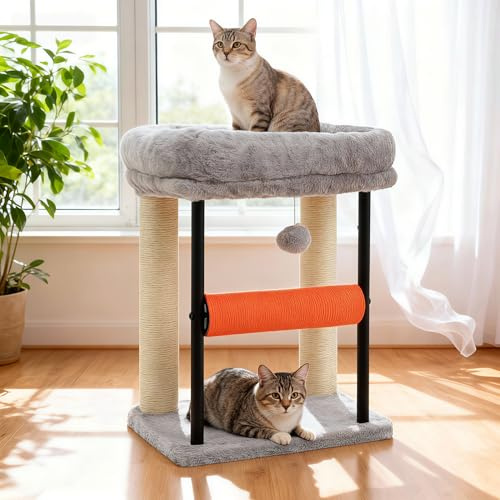 Hey-brother Kratzbaum, 50 cm klein Katzenbaum für Kätzchen, Kratzpfosten mit drehbarer Sisalsäule, geräumiger Plüschplattform, Vollständig sisalumwickelte Säule und Spielbällen, Hellgrau EMPJ010SW