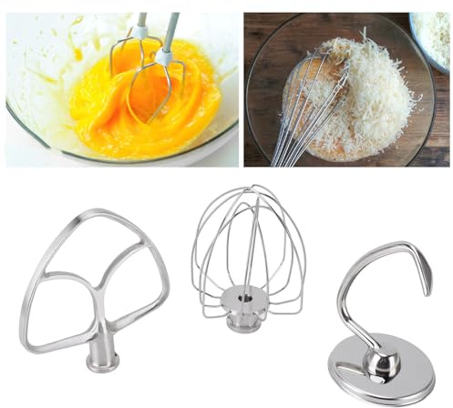 BAFOVY Accessori per Planetaria, Kit da 3 Pezzi in Acciaio Inossidabile con Ganci per Impasto, Frusta Piatta e Frusta a Filo per Mescolare Impastare Montare, con Raschietto per