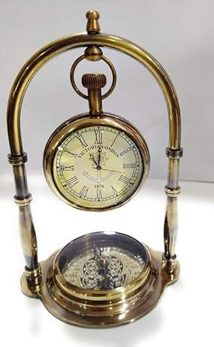 Engraved Maritime Compass Base Nautical Table Clock Ship's Clock Antique Brass Hanging Desk Clock Victoria London Pocket Watch Vintage Decorative Clock for Your Love one & Wedding Gift