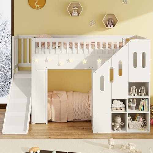 LTGB Kids Loft Bed with Storage Stairs - 3ft Bunk Bed with Slide and Stairs, Solid Wood Frame, Safety Guardrail, with LED Light Strip, for Kids Boys Girls, 90x190cm, White