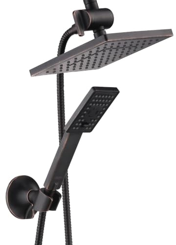 BRIGHT SHOWERS Rain Shower Head with Handheld Spray, 8 Inch Rainfall Shower Head Combo with 60 Hose, Adjustable Dual Square Showerhead Set with 3-Way Diverter, Wall Bracket, Oil-Rubbed Bronze