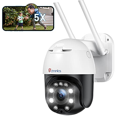 5X Zoom óptico Ctronics Cámara de Vigilancia Exterior WiFi PTZ Cámara de Seguridad 355°Pan / 95°Tilt Cámara IP con Visión Nocturna en Color, Seguimiento Automático, Impermeable IP66 - Blanco