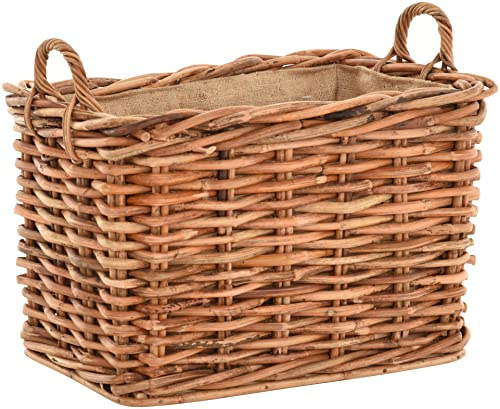 Stabiler Kaminholzkorb, Flechtkorb mit eingearbeitetem Jutestoff/Holzkorb aus unbehandeltem Natur-Rattan (Natur (fingerdick))
