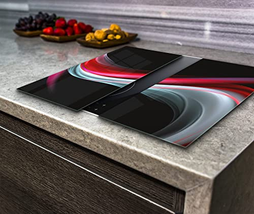 Va Art Glass, Hob Cover Induction Electric Cooker Chopping Board Glass Set 2 Parts, Abstract Waves on The Black Background (2X Wide 30 x Height 52 /cm)