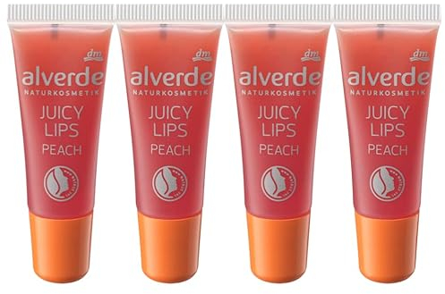 alverde NATURKOSMETIK Lipgloss Juicy Lips Peach mit Pfirsichkern-Öl, 4er-Pack (4 x 8 ml)