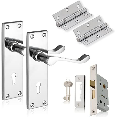 XFORT Chrome Elegance Range Polished Chrome Victorian Lever Lock Pack, Complete Set with Lock Door Handles, 65mm Sashlock and 75mm Ball Bearing Hinges, for Internal Wooden Doors