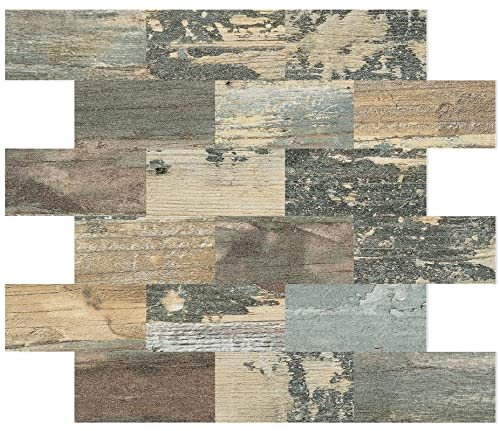 DEWOO Peel and Stick Tiles Self Adhesive Wall Tile for Kitchen Splashback Sticky Vintage Wood Look Green 10-Sheet (13.5 x 11.4)