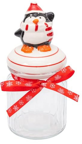evelay Christmas Cookie Jar Glass with Ceramic Novelty Lid for Christmas Sweets Chocolates Candies Biscuits Nuts Containers Kitchen Decor (Penguin)