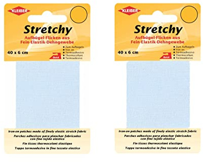Kleiber Bügel Flicken Aufbügelflicken Stretchy 2er Set - 100% Polyester Reparatur für Stretchstoffe - 2 Flicken à 40cm x 6cm Dehnbar Hellblau