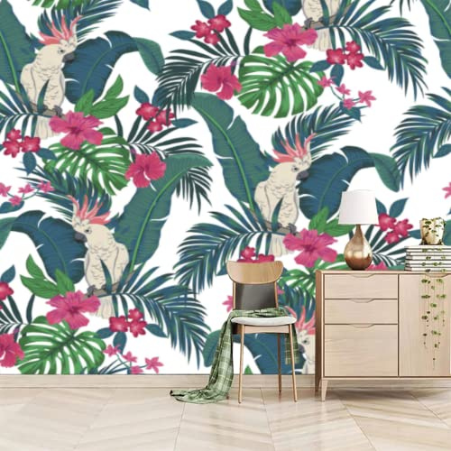 GIVLWF Papier Peint 3D Fleurs De Feuille De Bananier Tropicales Botaniques, Perroquets Exotiques Déco de La Maison - Pour Salon Chambre D'enfant Décoration Murale 430 x 300 cm