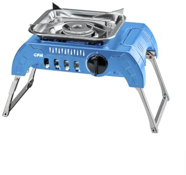 CFH Gaskocher Camping GK 425, kompakter Campingkocher mit Piezozündung | Für Schraubkartuschen, 2,4 kW, Edelstahl-Topfauflage für Töpfe Ø 12–26 cm, Klappfüße, Kunststoffkoffer inklusive