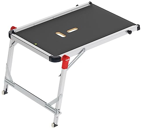 Hailo Treppenpodest TP1 für festen Stand im Treppenhaus | Extrem belastbares Leiter-Podest bis 150 kg | Verstellbares Arbeitspodest mit Tragegriffen | Standfest & rutschfest | Silber