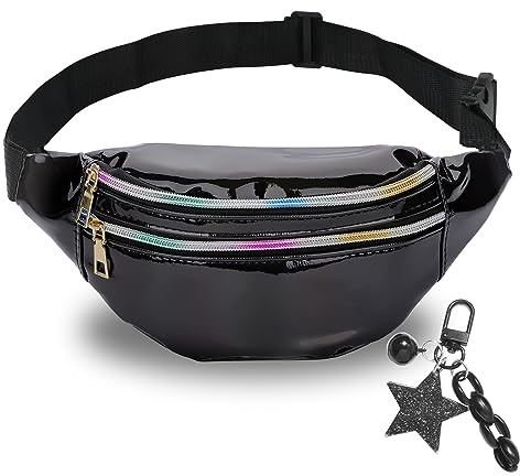 Gürteltasche Mädchen Bauchtasche Damen Glitzer Kinder Mit Mode Wasserdicht Fügen einen Schlüsselanhänger hinzu Holographic Jugendliche (Schwarz)