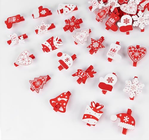 60 Pinces à Linge de Noël en Bois,ilauke 10 Styles Motif de Noël Pinces Décoratives Rouge et Blanc,48mm Pinces en Bois avec Corde de Chanvre 10m pour Calendrier de l'Avent de Noël Bricolage Décoration
