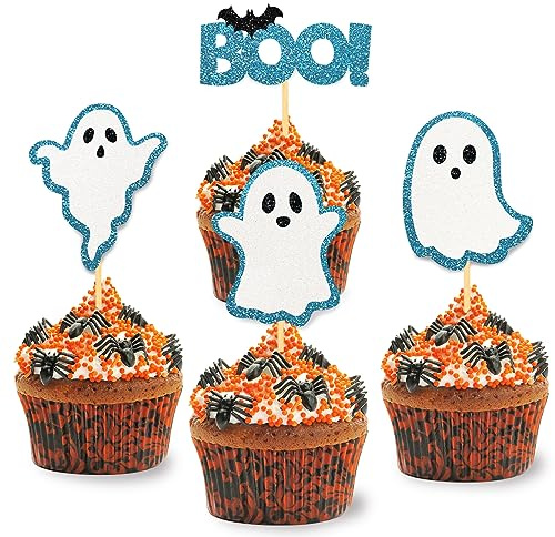 24 Stück Glitzer Halloween Cupcake Topper, Geist Kuchendeko, Baby Shower Tortendeko für Halloween Party, Babyparty, Baby Shower, Geschlecht verkünden, Schwangerschaft Dekoration (Blau)
