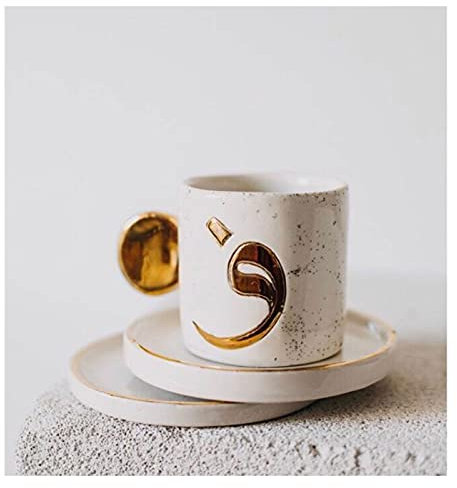 HASMI Taza de café Tazas de café de cerámica Hecha a Mano Letra árabe Oro Decorado café café Espresso Tazas de té con platillos for Mujeres Hombres auténticos Regalo para café y té