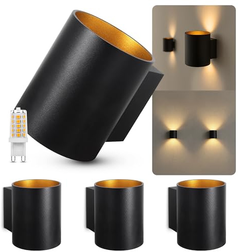 SSC-LUXon TUANI Wandleuchte 4 Stück schwarz-gold Up & Down G9 warmweiß | Vier moderne Wandleuchten schwarz mit goldenem Innenschirm - Up-Down-Licht für Flur & Treppe, inkl. G9 LED warmweiß