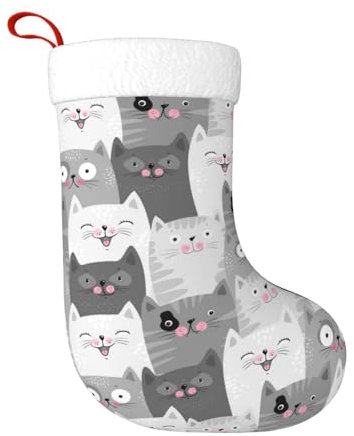 cfpolar Niedliche graue weiße Katzen Weihnachtsstrümpfe 45 cm, Weihnachtsbaum hängende Strumpf Weihnachtsdekorationen Ornamente Strumpf klassischer Geschenkhalter für Urlaub Familie Home Party Saison